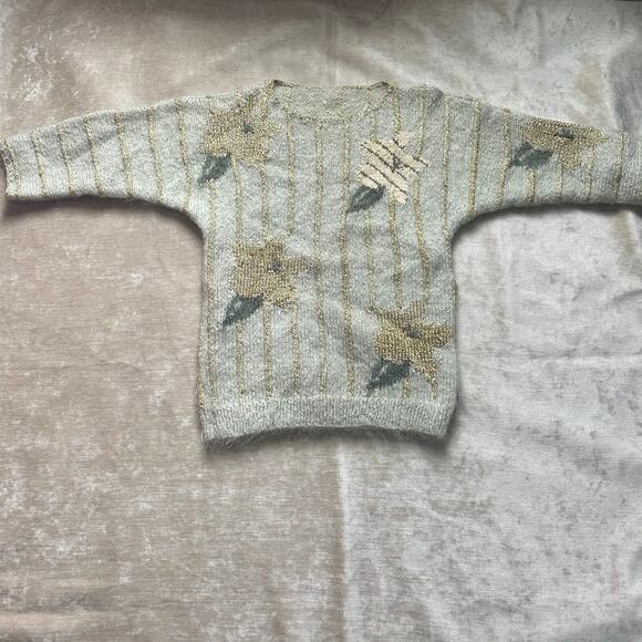 Vintage Mohair Wool Sweater gold metallic striped floral sage Mint green glam - Picture 5 of 16